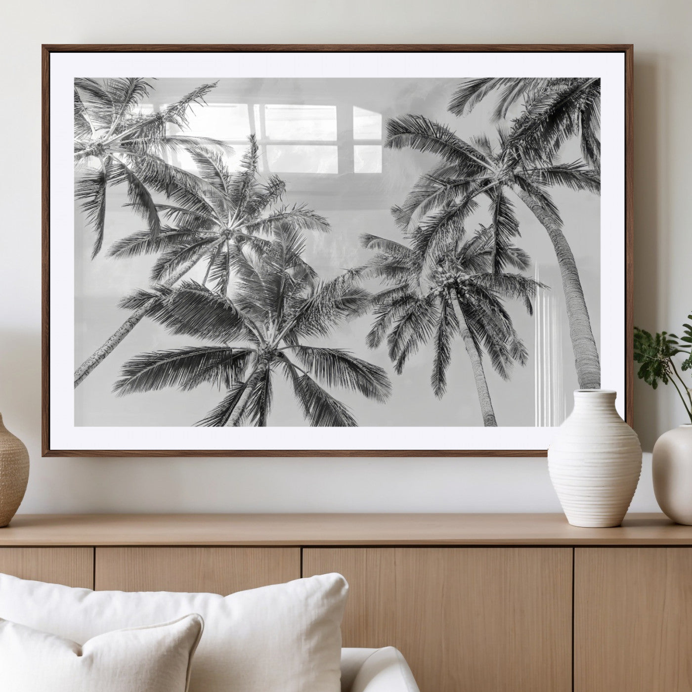 MGC-FP-36x24 - Black White Palm Wall Art Canvas Print, Framed Monochrome Tropics Art Picture Print, Minimalist Beach Perfect Coastal Minimalist Decor Artwork