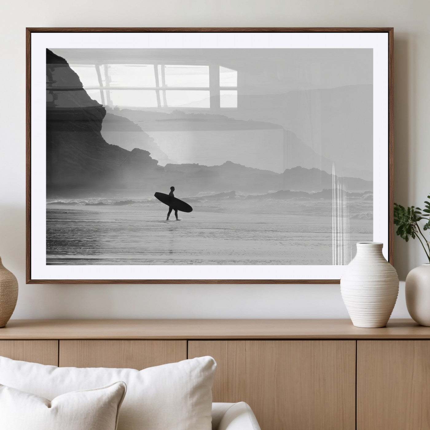 MGC-FP-36x24 - Surfer In Fog Wall Art Canvas Print, Framed Moody Shoreline Art Picture Print, Cliffside Waves Perfect Minimalist Coastal Decor Artwork