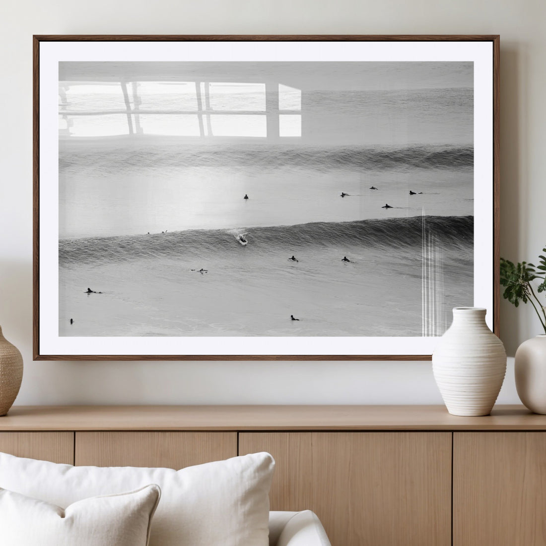 Black White Ocean Wall Art Canvas Print, Framed Coastal Sport and Ocean Swimmers Scene