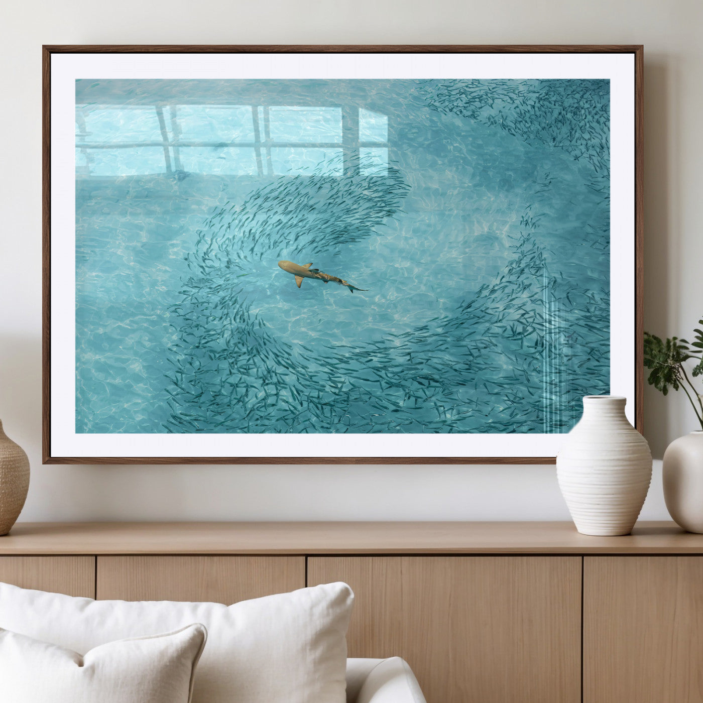 Aerial view of a shark swimming through a swirl of fish in clear turquoise waters, perfect for calm coastal or beach house decor.