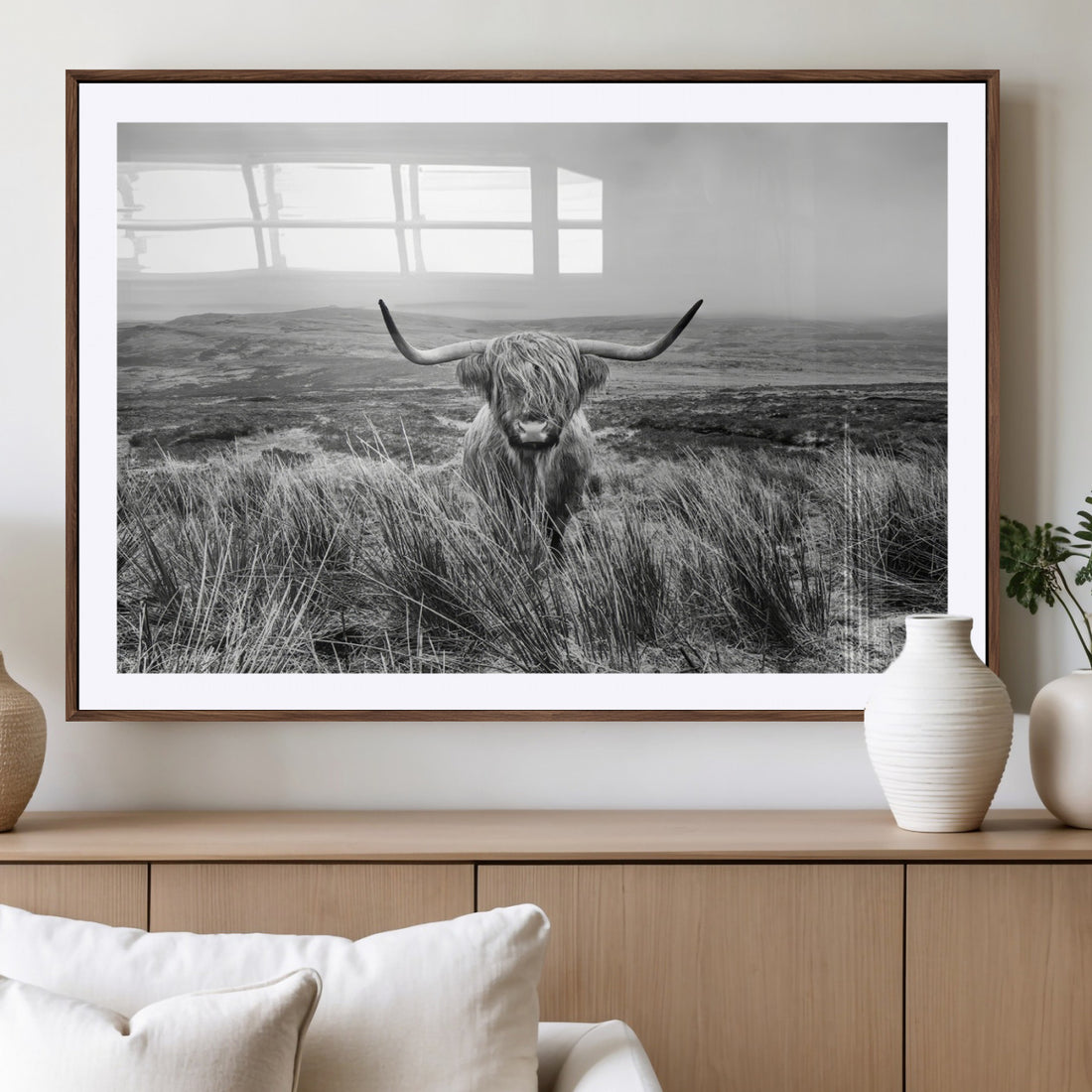 Monochrome Highland Cow Wall Art Canvas Print, Framed Scottish Bull Artwork
