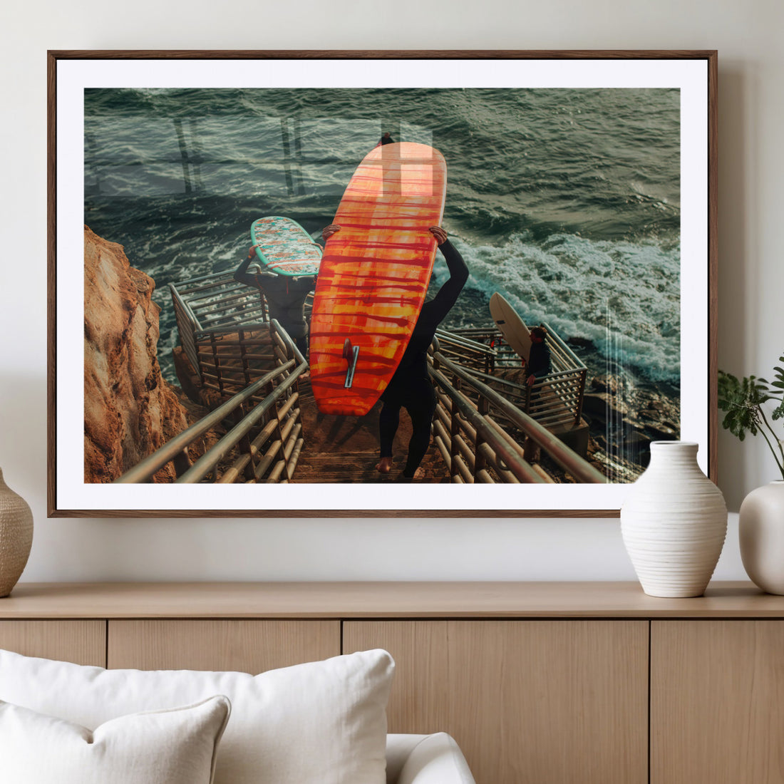 Surfer Stairway Wall Art | Framed Ocean Surf Canvas Artwork