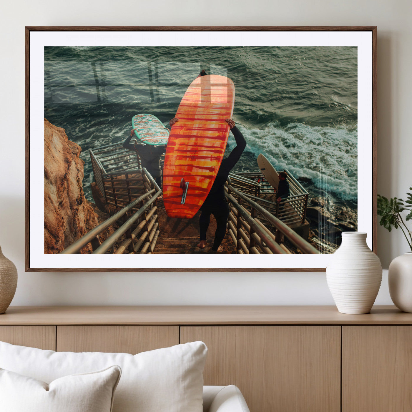 MGC-FP-36x24 - Surfer Stairway Wall Art Canvas Print, Framed Ocean Surf Art Picture Print, Sunset Coastal Perfect Coastal Adventure Decor Artwork