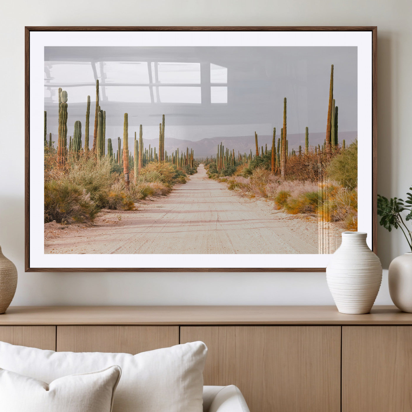 MGC-FP-36x24 - Desert Cactus Lined Road Wall Art Canvas Print, Framed Southwestern Landscape Art Picture Print, Bohemian Western Aesthetic Perfect Southwestern Boho Decor Artwork