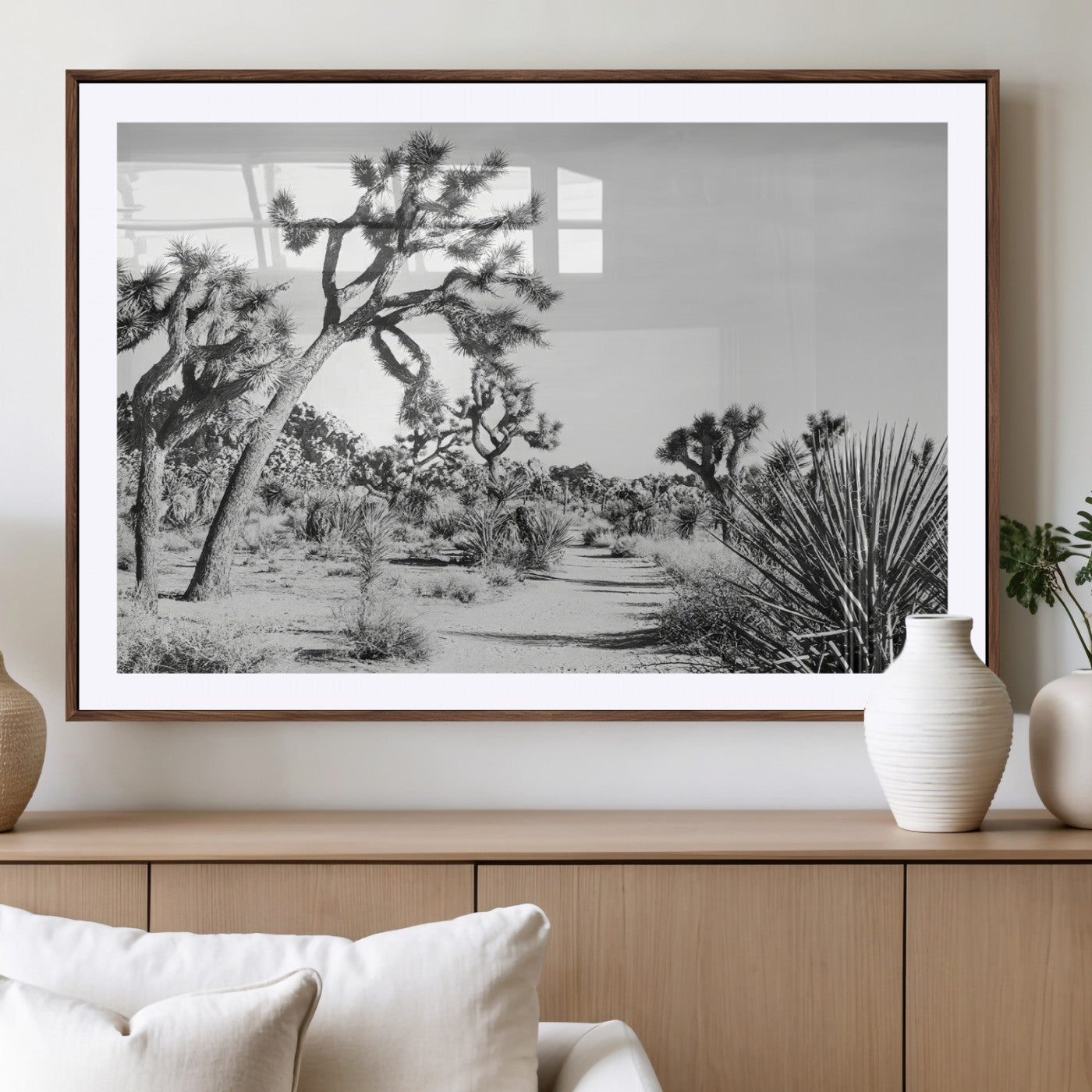 Canvas of a Joshua Tree forest in black and white tones, featuring a desert path and spiky vegetation, ideal for minimalist or rustic decor.
