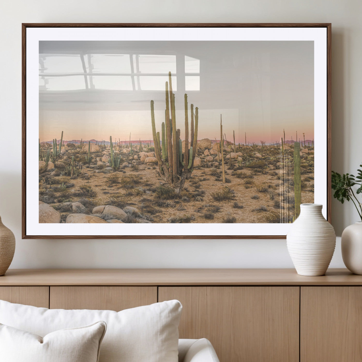 Canvas of tall desert cacti in warm sunset tones over a rocky Baja landscape, ideal for earthy or Southwestern-style home decor.