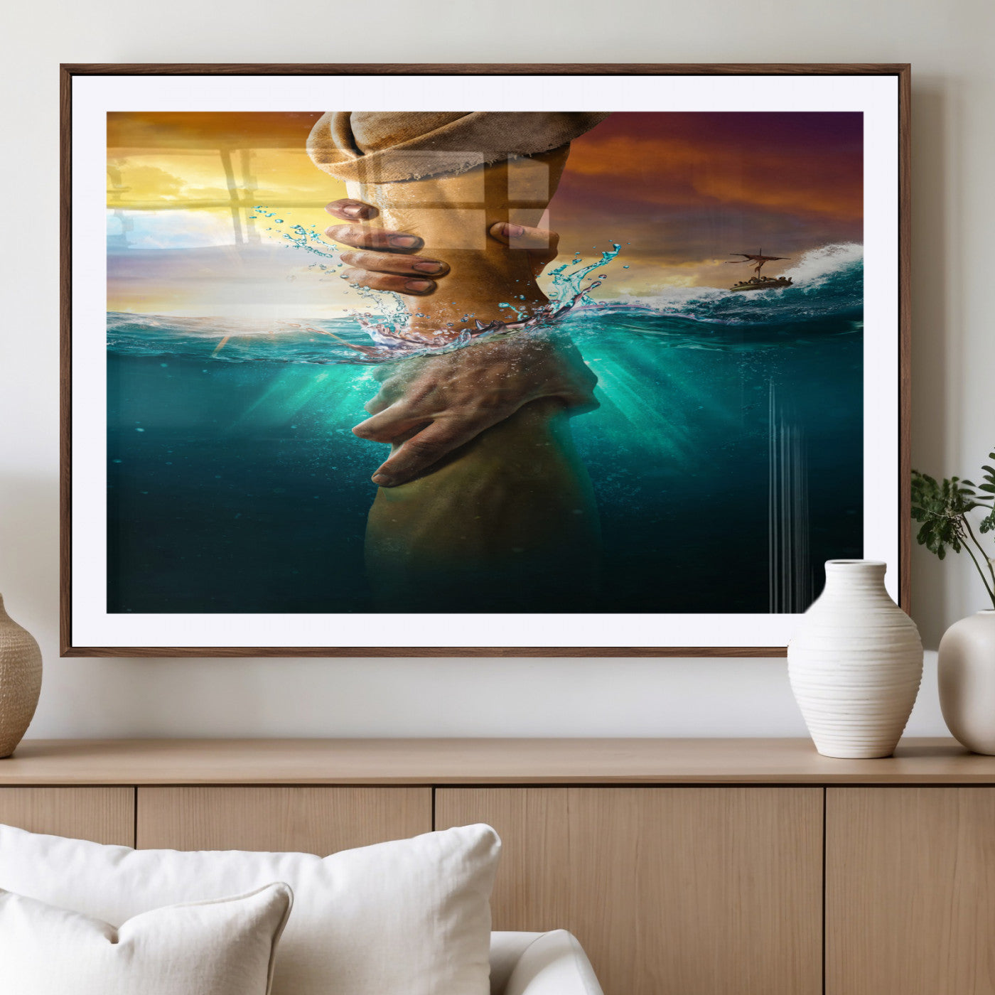 A dramatic scene of a hand reaching underwater and being lifted, symbolizing rescue and faith, ideal for spiritual or Christian wall decor.