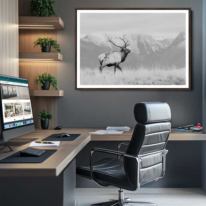 Rustic Elk Wall Art Canvas Print, Wildlife Antler Print, Framed Western Hunting Lodge Art Print, Large Mountain Nature Scene Printing Perfect for Japanese Decor