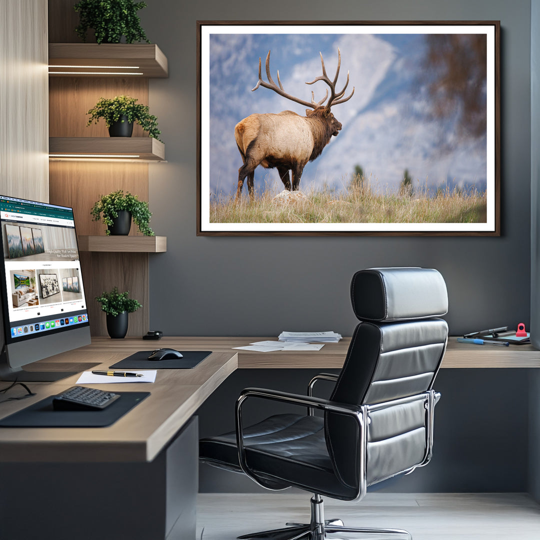 Rustic Elk Wall Art Canvas Print, Wildlife Antler Print, Framed Western Hunting Lodge Art Print