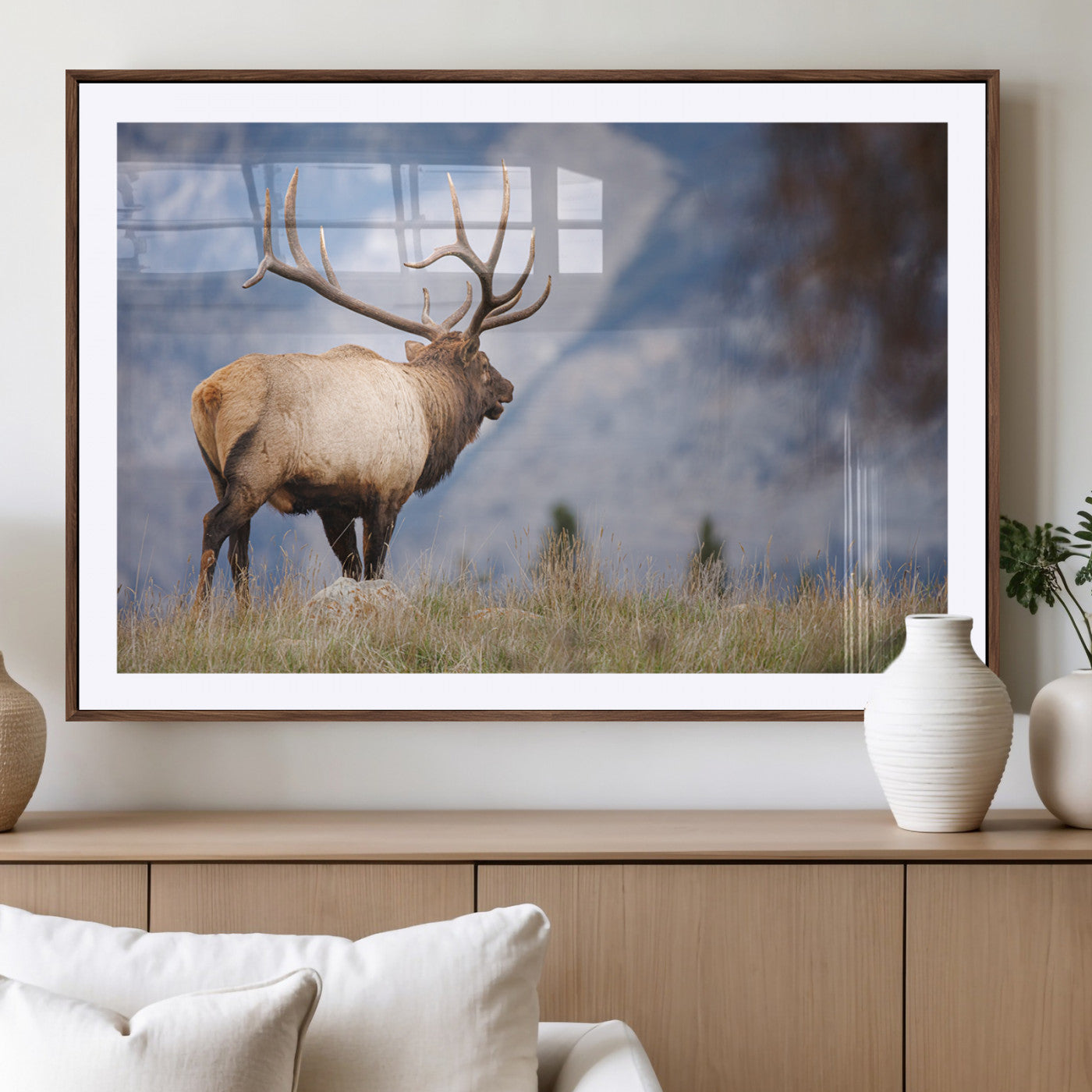 Elk with antlers standing on grass with mountain background, ideal for rustic, cabin, or lodge-inspired wall decor.