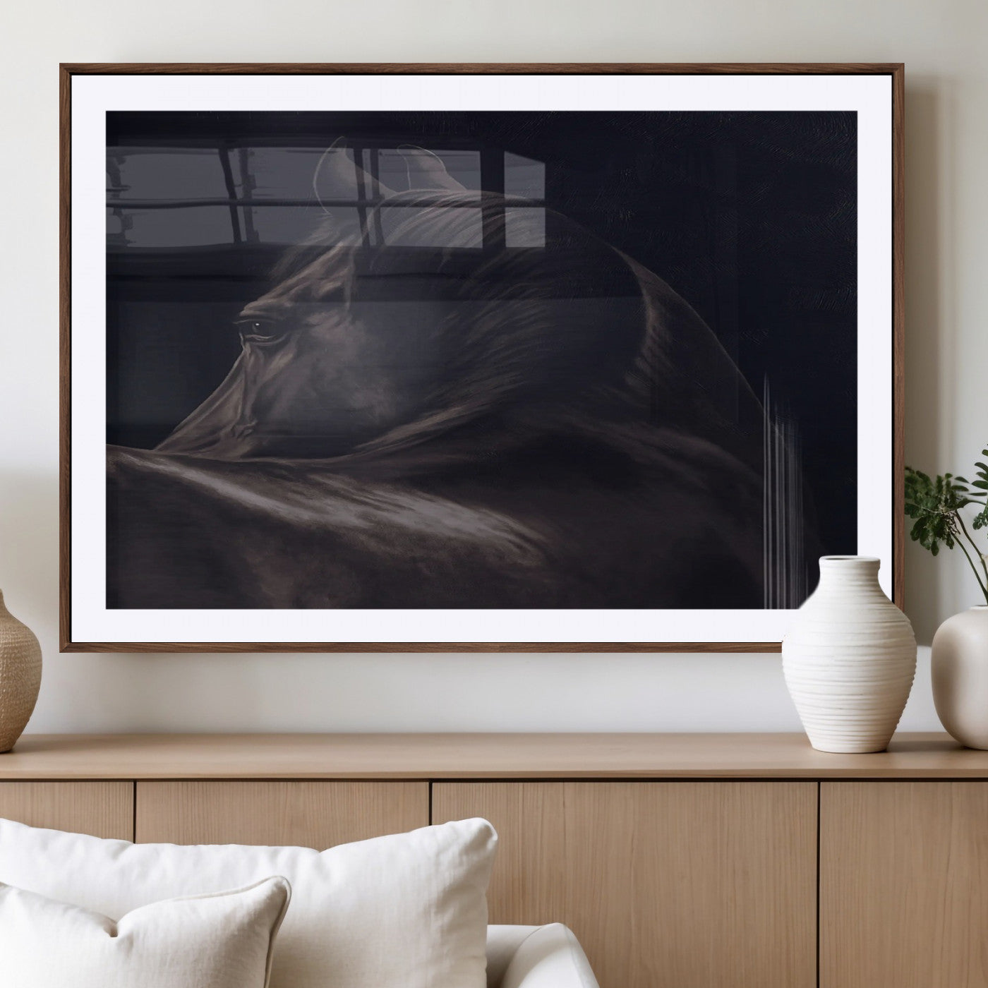 Moody black horse portrait with dramatic lighting on dark background, ideal for rustic, modern or Western style home decor.