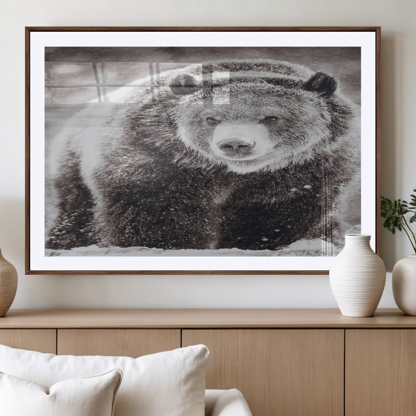 Snow-covered grizzly bear in black and white, ideal for rustic lodge, cabin or wildlife-themed home wall decor.