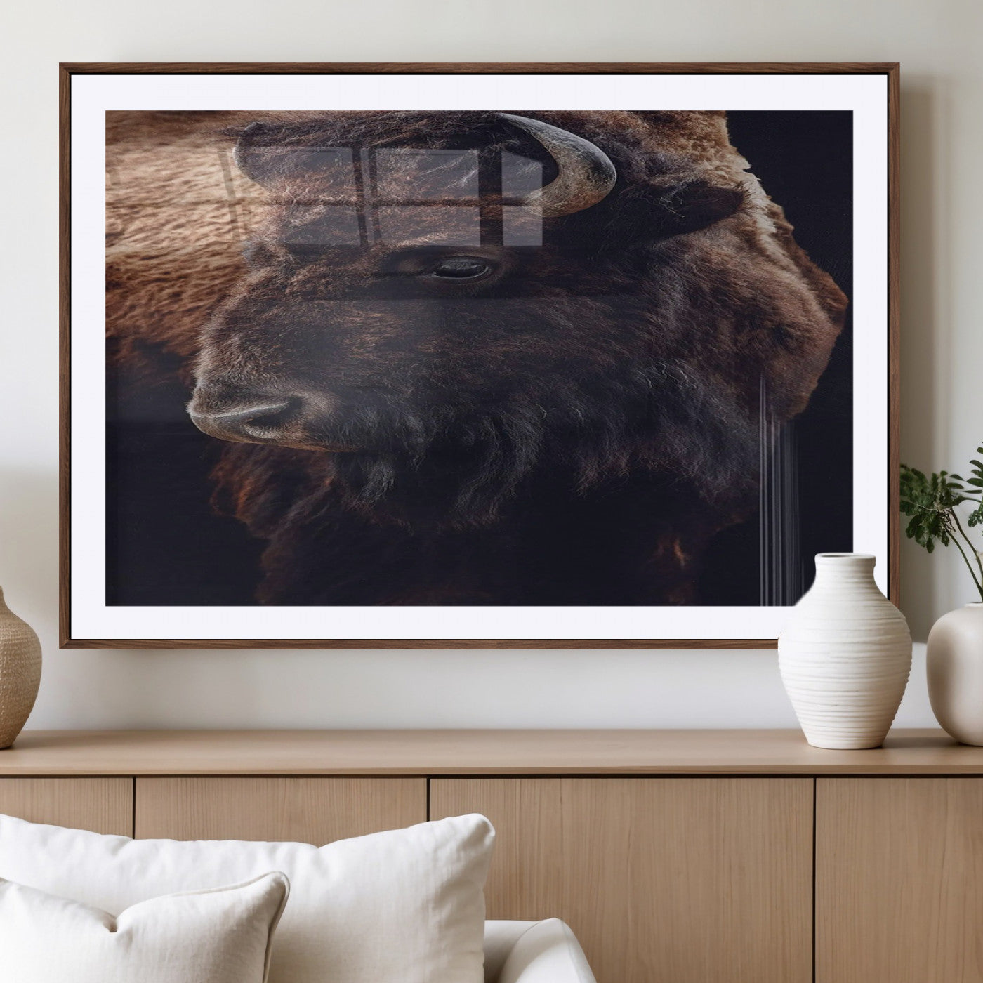 Close-up portrait of a bison with dark fur on a black background, perfect for rustic, lodge, or Western-style interior wall decor.