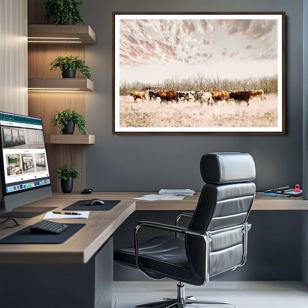 Longhorn Cattle Wall Art Canvas Print, Texas Ranch Print, Framed Western Cow Art Print, Large Prairie Landscape Printing Perfect for Western Decor