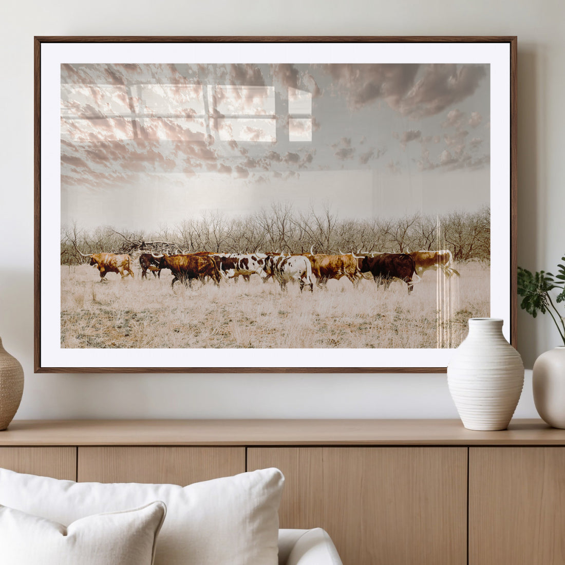Longhorn Cattle Wall Art Canvas Print, Framed Texas Ranch Art, Western Cow Print, Prairie Landscape Decor