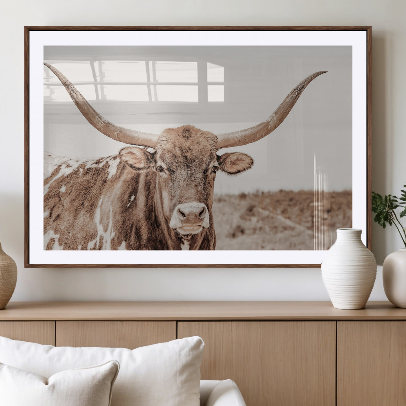 MGC-FP-36x24 - Longhorn Cow Wall Art Canvas Print, Framed Texas Ranch Art Picture Print, Western Bull Perfect County Decor Artwork