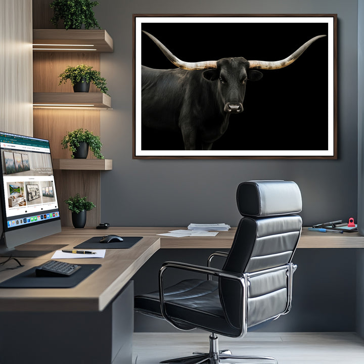 Black White Longhorn Bull Wall Art Canvas Print, Texas Ranch Print, Framed Western Cow Art Print for Farmhouse Decor - Longhorn Print