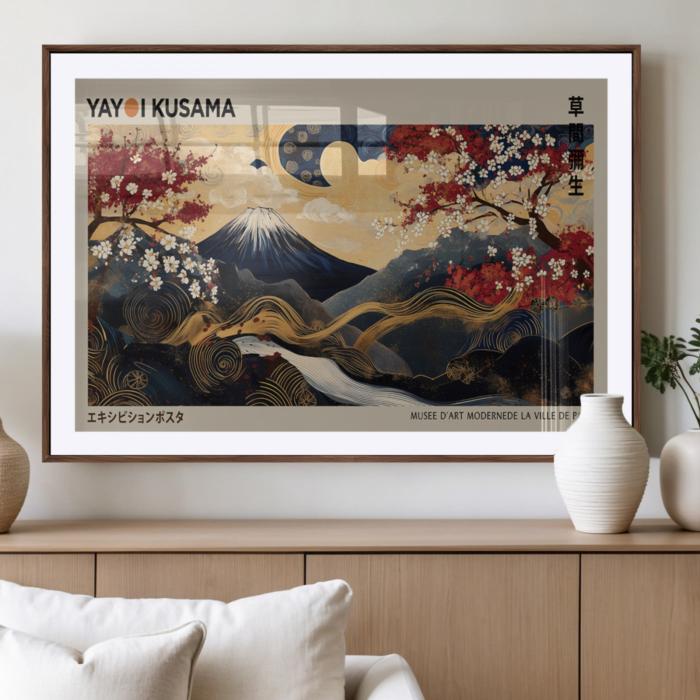 MGC-FP-36x24 - Modern Japanese Wall Art, Yayoi Kusama Japanese Print Wall Art, Abstract Mount Fuji Canvas Print,