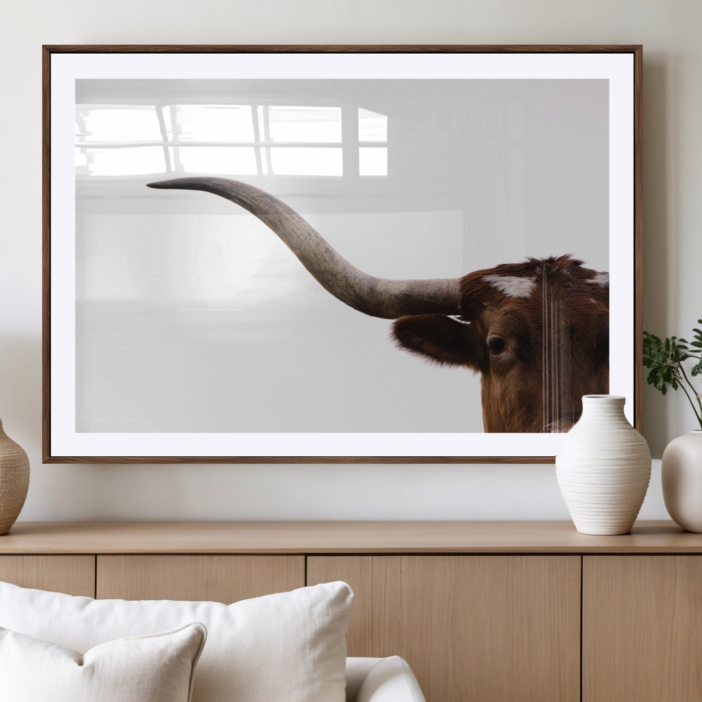 Minimal photo of longhorn cow’s face and horn on white background, ideal for rustic farmhouse or western style home wall decor.