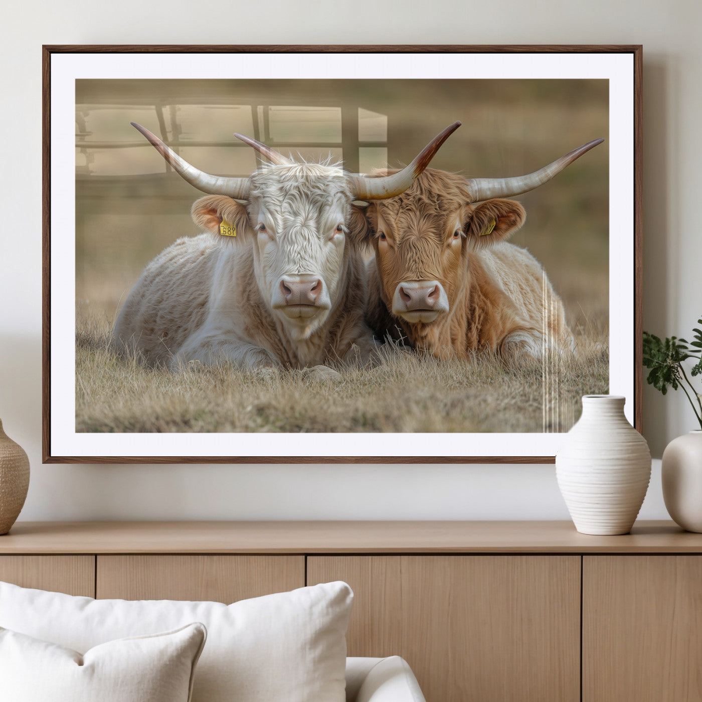 Two cows laying closely in a dry grassy field, captured in soft light, perfect for rustic farmhouse or western style home decor.