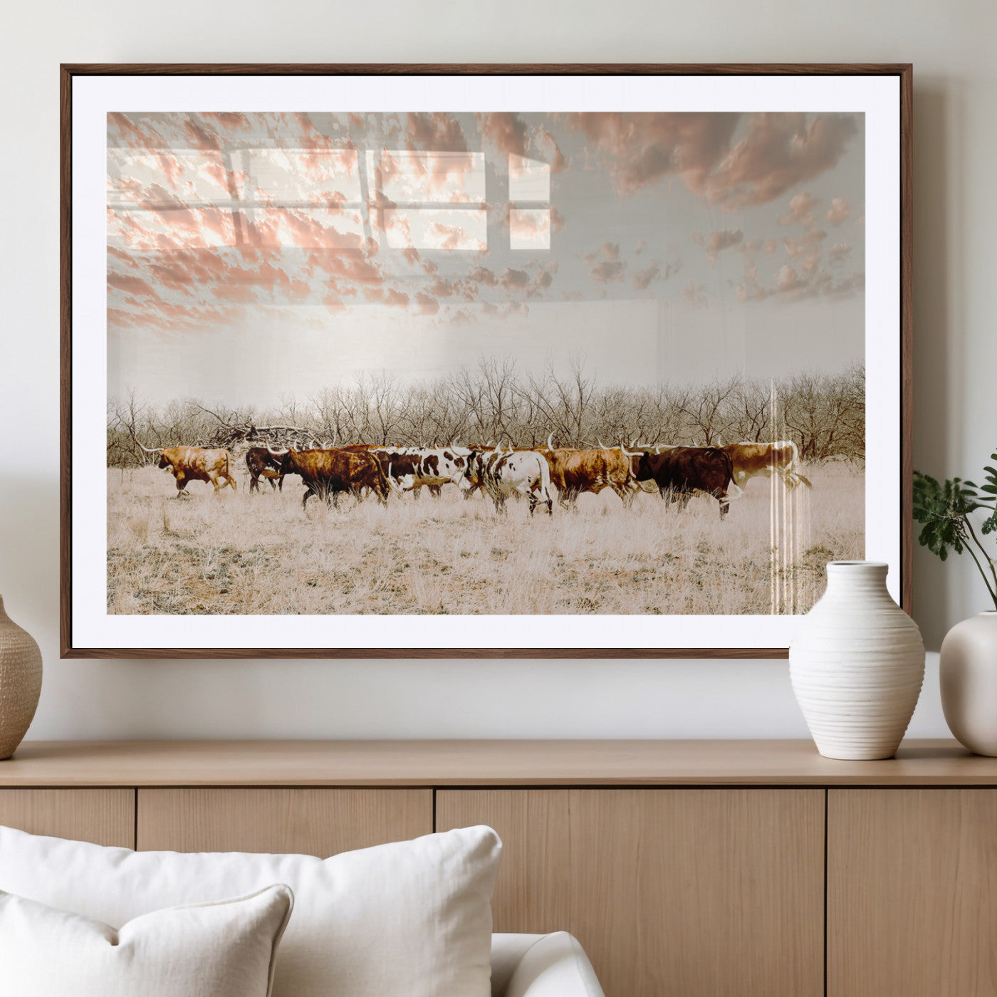 Cattle herd in a soft-toned field under a pastel pink sky, creating a peaceful rustic feel, perfect for farmhouse or western-themed spaces.
