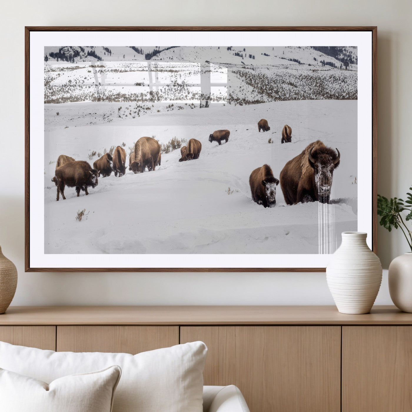 A herd of bison walking through deep snow in a mountain valley, perfect for rustic, cabin or western-themed wall decor.