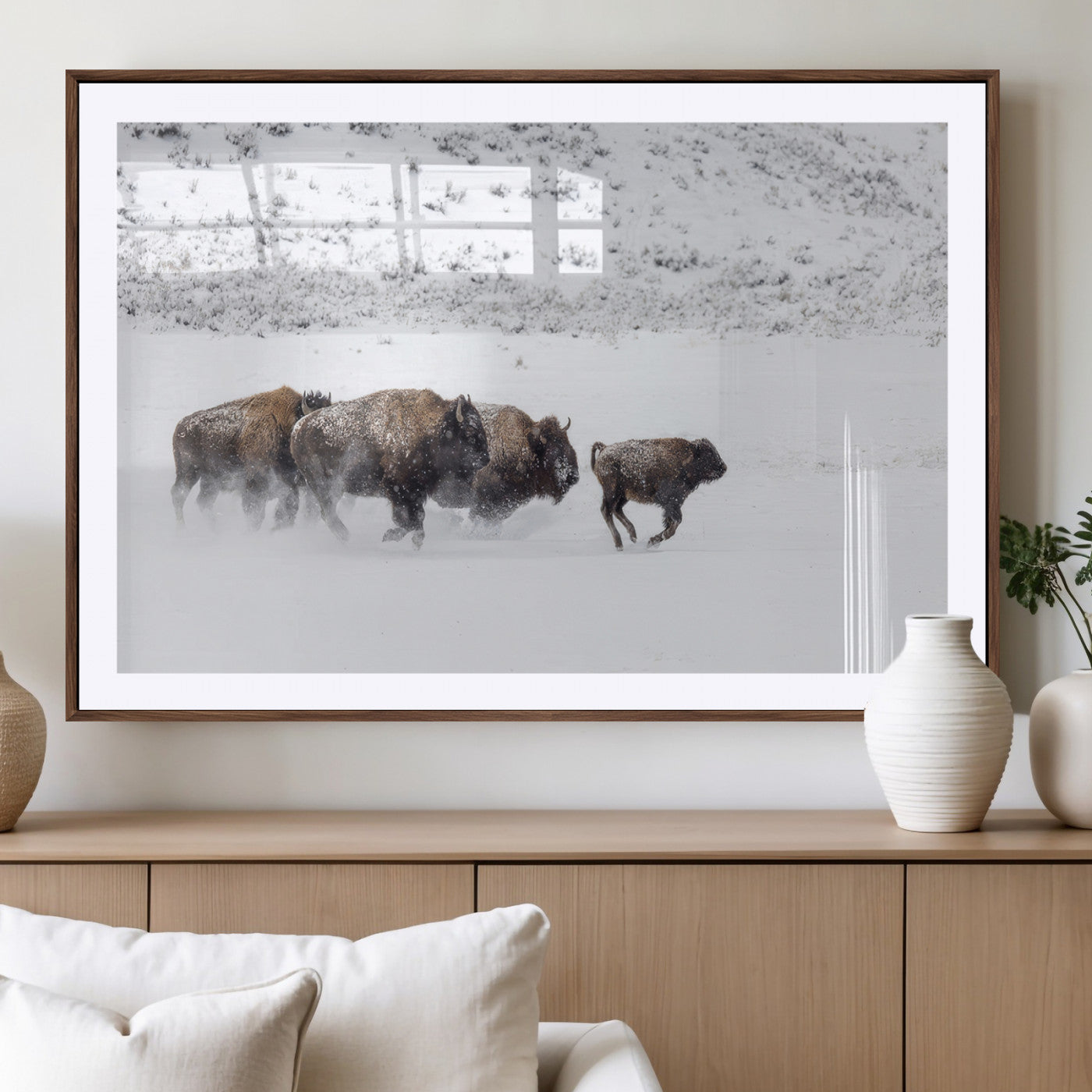 Bison herd running through a snowy open field with mountain backdrop, perfect for rustic or western-themed wall decoration.