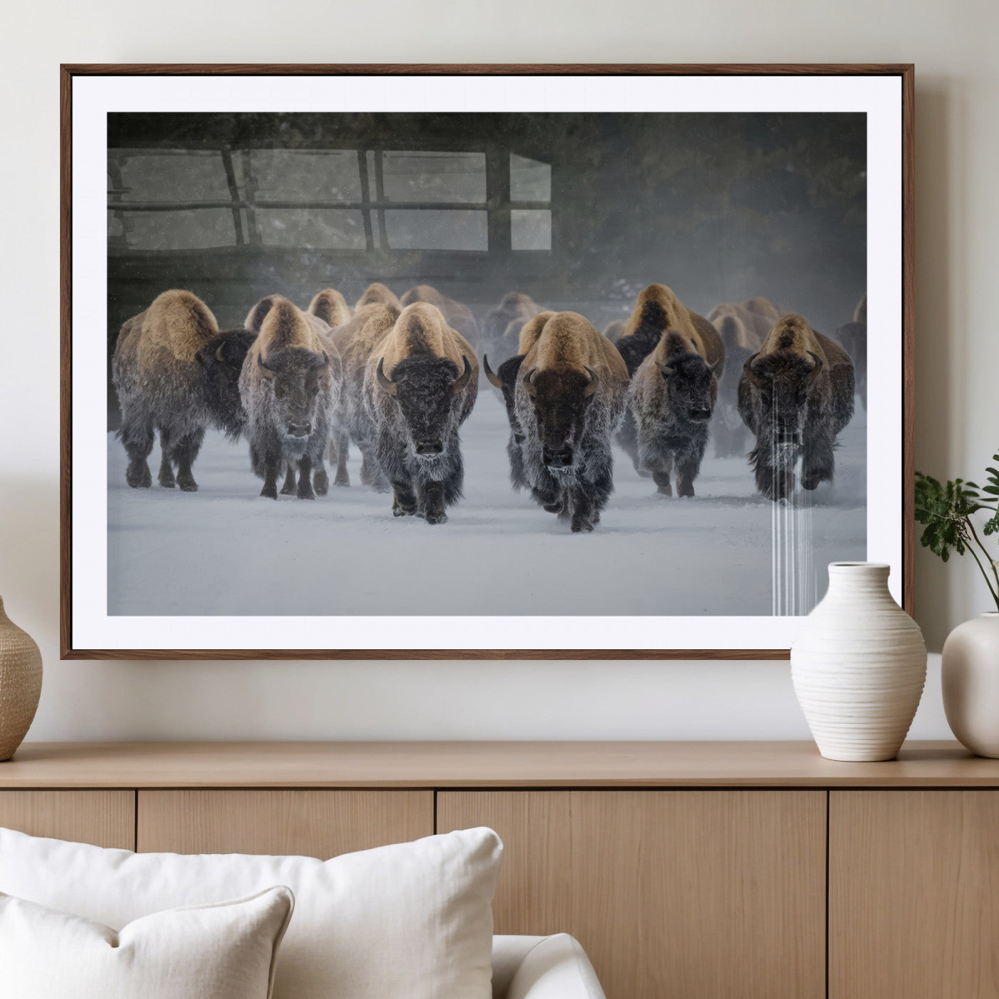 A herd of American bisons walking through deep snow in a forest, evoking a powerful rustic wilderness mood for western-style interiors.