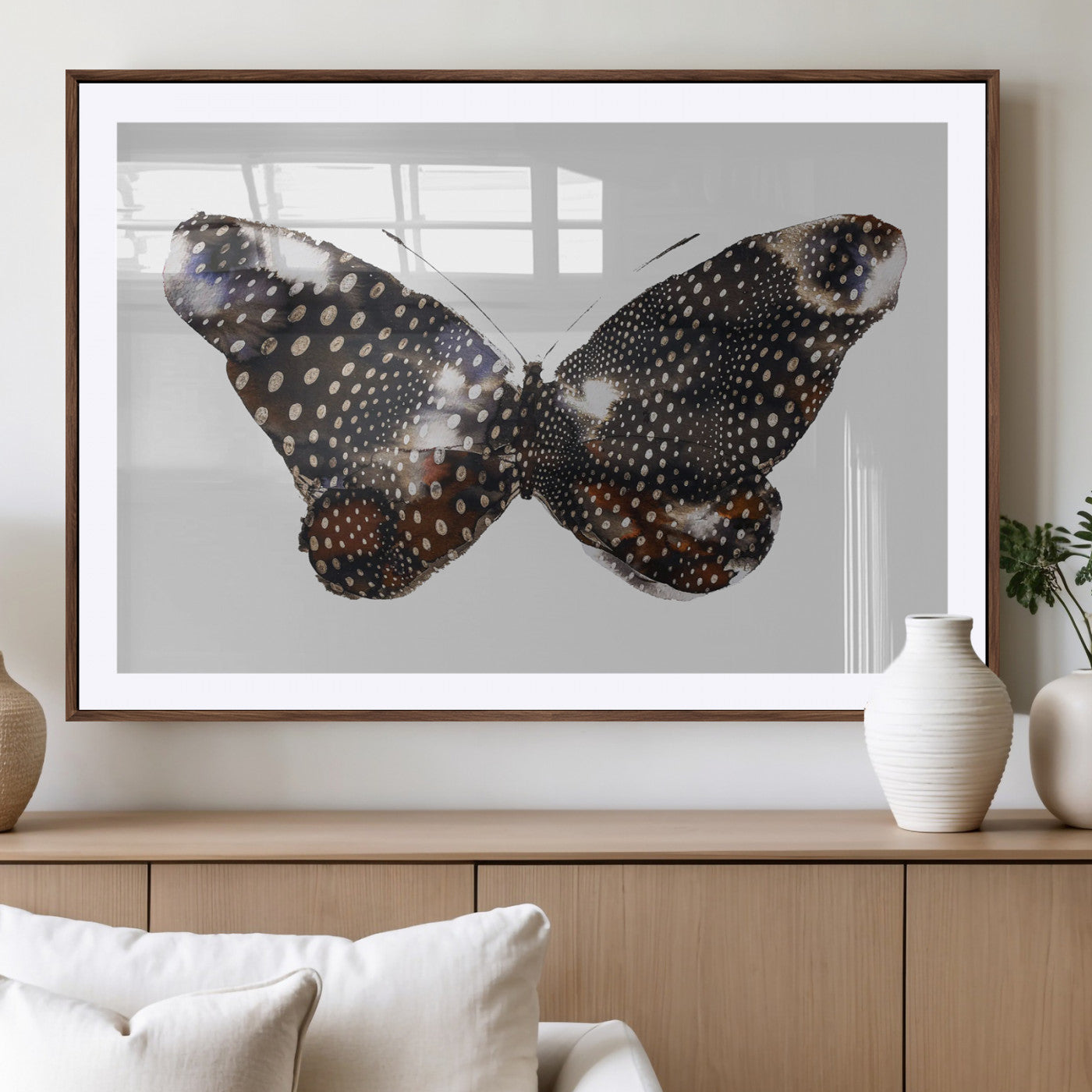MGC-FP-36x24 - Spotted Butterfly Wall Art Canvas Print, Framed Neutral Insect Theme Art Picture Print, Earthy Wing Pattern Perfect Modern Rustic Decor Artwork