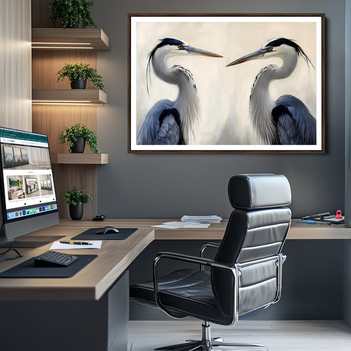 Blue Heron Pair Art Canvas Print, Coastal Bird Theme Print, Framed Tranquil Wildlife Scene Art Print, Large Nature Inspired Decor