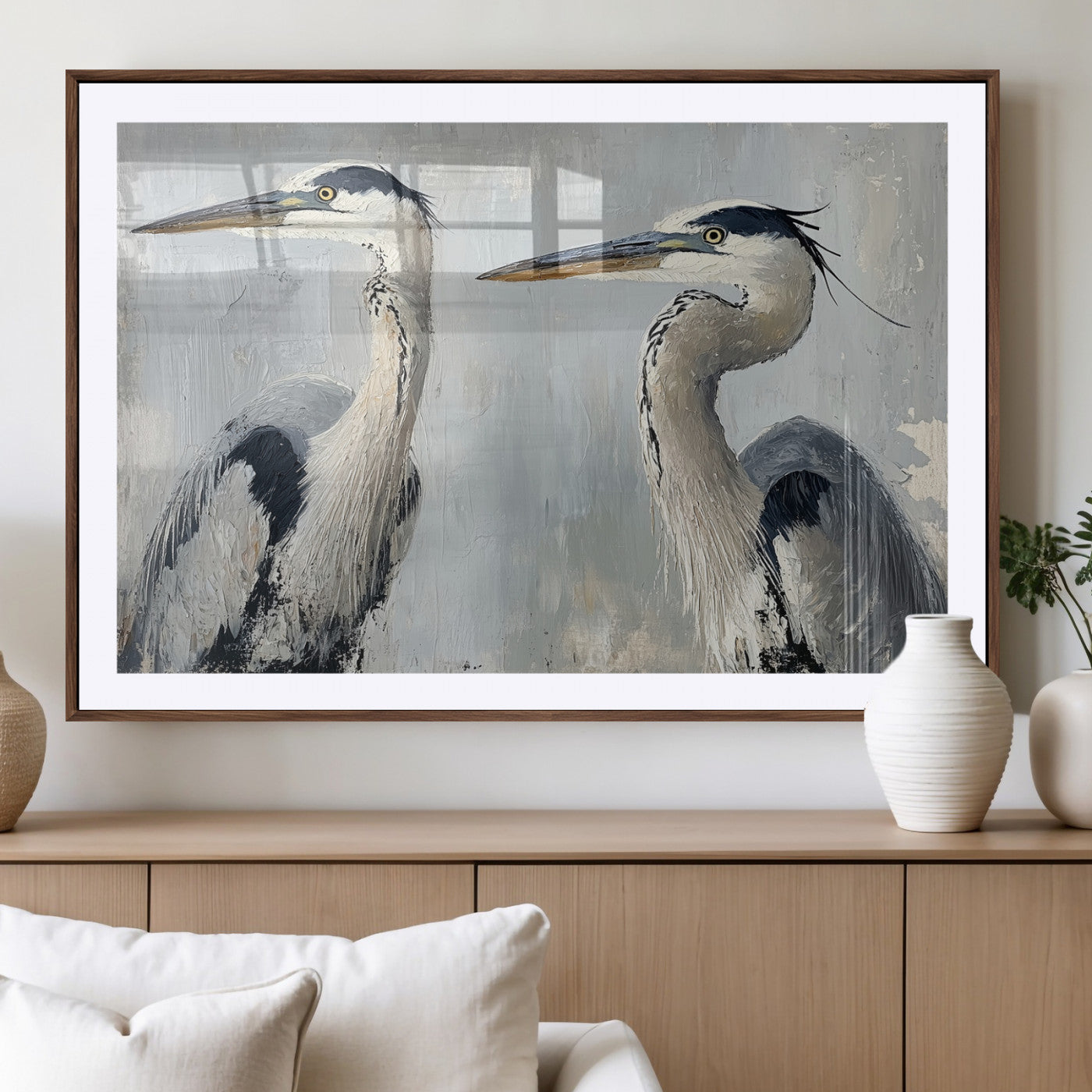 Two elegant herons in profile with soft brush strokes and blue-grey tones, ideal for serene, coastal, or minimalist interior decor.