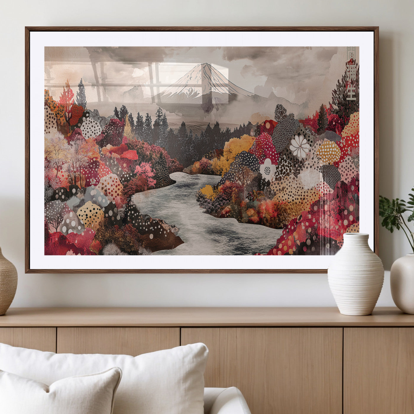 A whimsical mountain landscape with floral autumn trees, river, and misty peak, ideal for cozy, cottagecore, and nature-inspired wall decor.