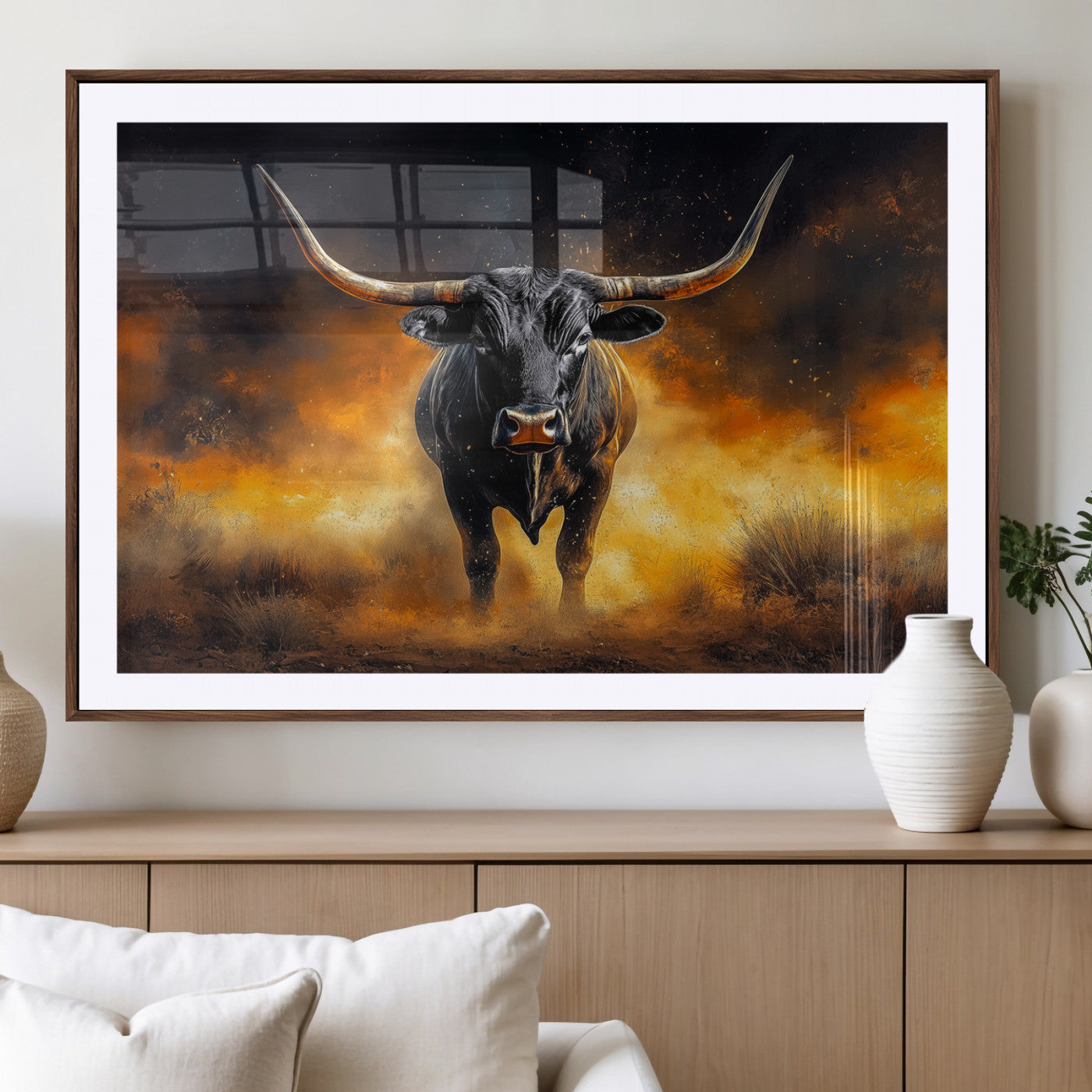MGC-FP-36x24 - Longhorn Canvas Wall Art Canvas Print, Framed Bold Bull Wall Art Art Picture Print, Western Animal Decor Perfect Western Dramatic Decor Artwork