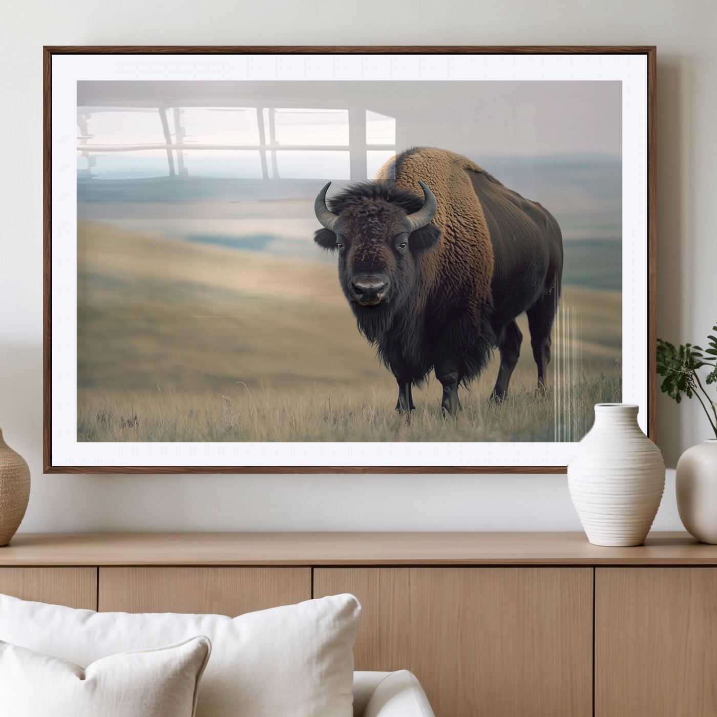 A bison standing strong on a grassy prairie with rolling hills in the background, perfect for rustic and Western-inspired wall decor.