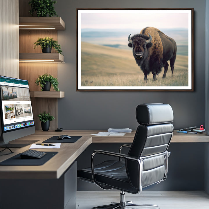 Bison Wall Art Canvas Print, Buffalo Canvas Print Print, Framed American Bison Decor Art Print, Large Frontier Style Printing Perfect