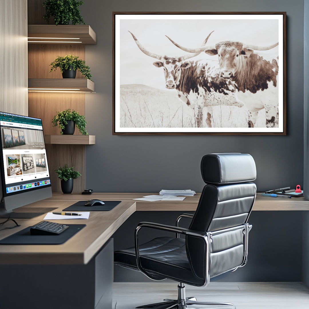 Longhorn Wall Art Canvas Print, Longhorn Wall Art Wall Art Canvas Print, Western Cow Canvas Print, Framed Rustic Farm Decor Art Print,