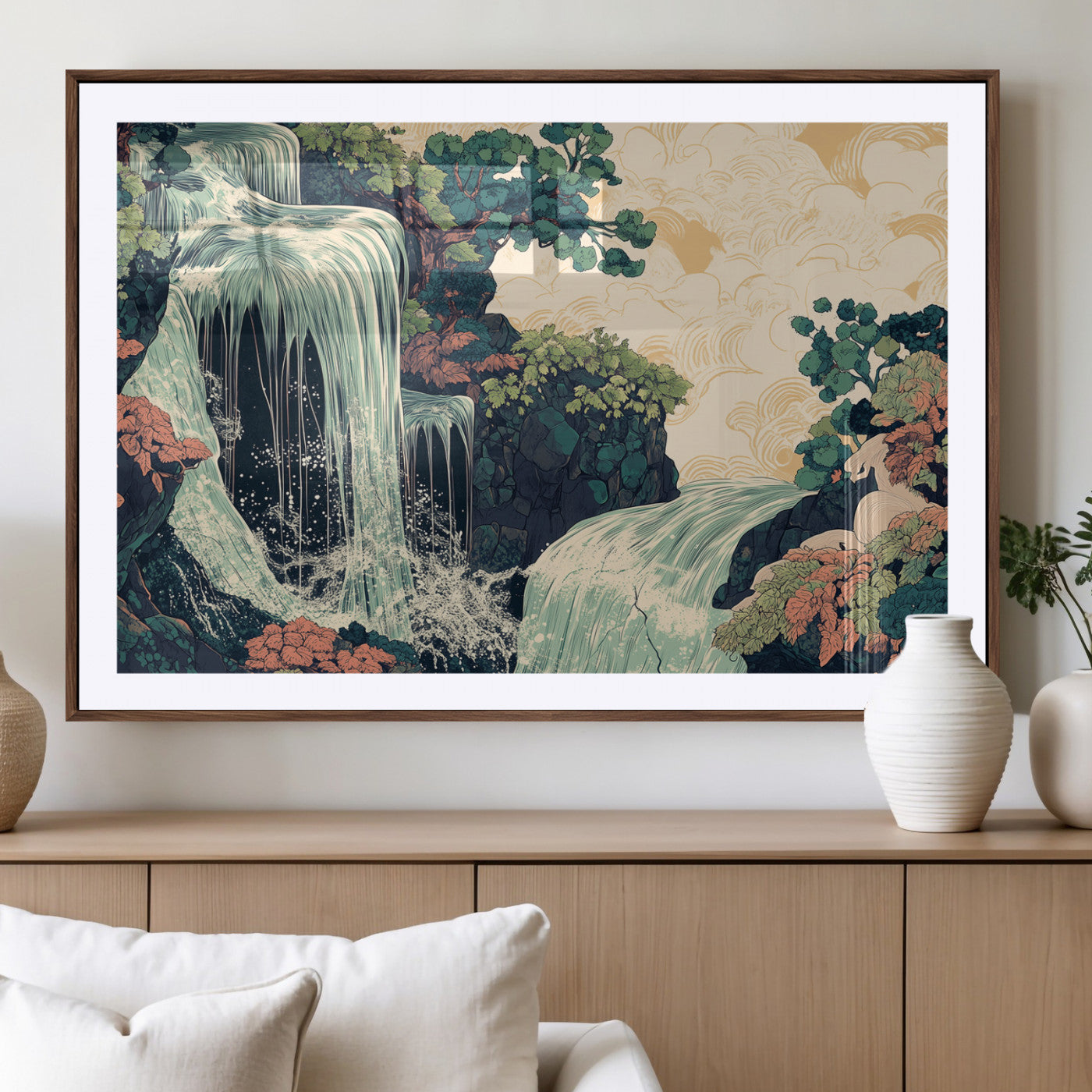 Stylized waterfall flowing through rocky terrain and lush foliage in an oriental art style, ideal for peaceful and nature-themed interiors.