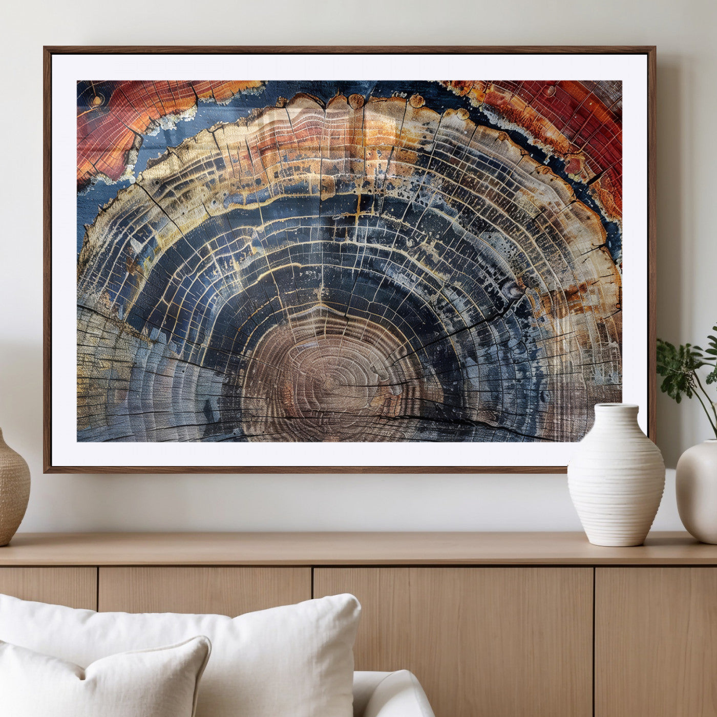 Close-up of petrified wood with rich earthy tones and intricate tree rings, highlighting natural texture and organic patterns.