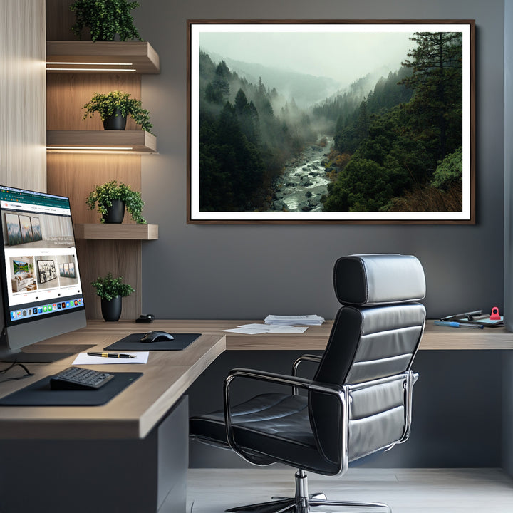 Misty Forest Wall Art Canvas Print, Framed Foggy River Art Picture Print, Moody Landscape Perfect Wilderness Decor Artwork