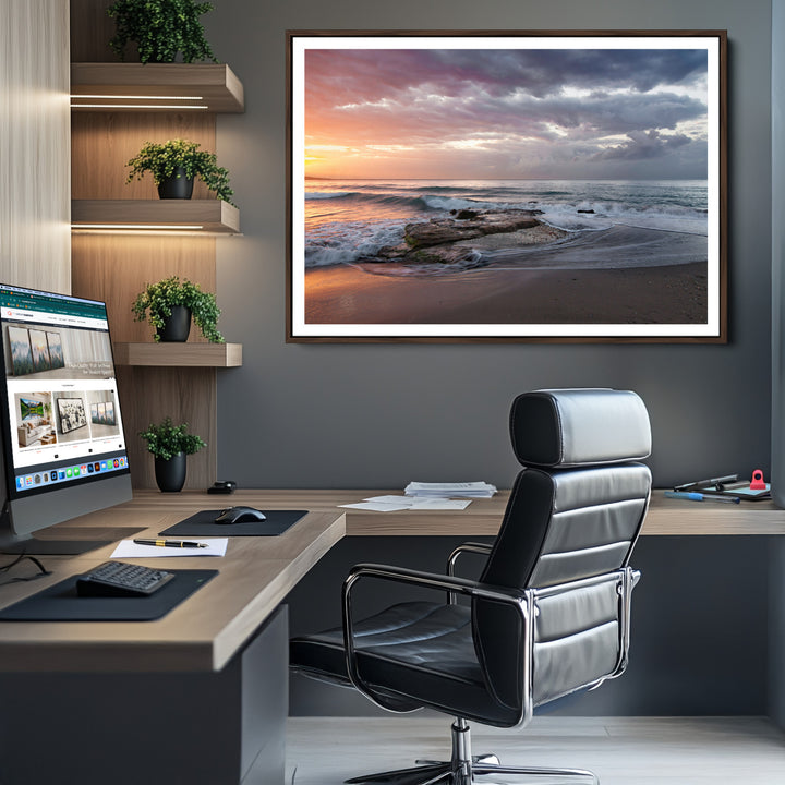 Golden Hour Wall Art Canvas Print, Framed Tranquil Waves Art Picture Print, Beach Perfect Coastal Serenity Decor Artwork