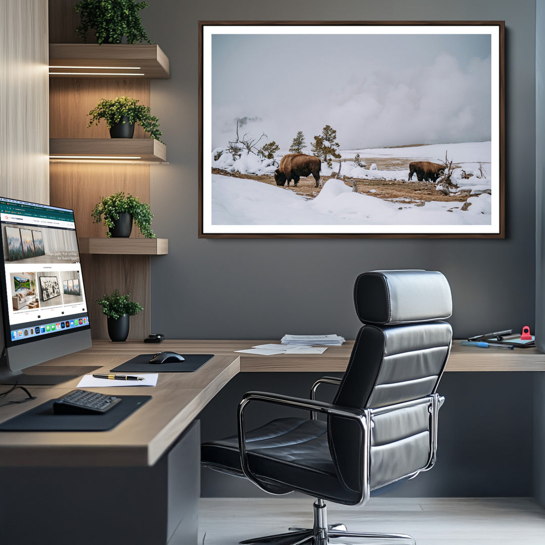 Bison Wildlife Wall Art Canvas Print, Framed Snowy Prairie Art Picture Print, Western Perfect Rustic Decor Artwork