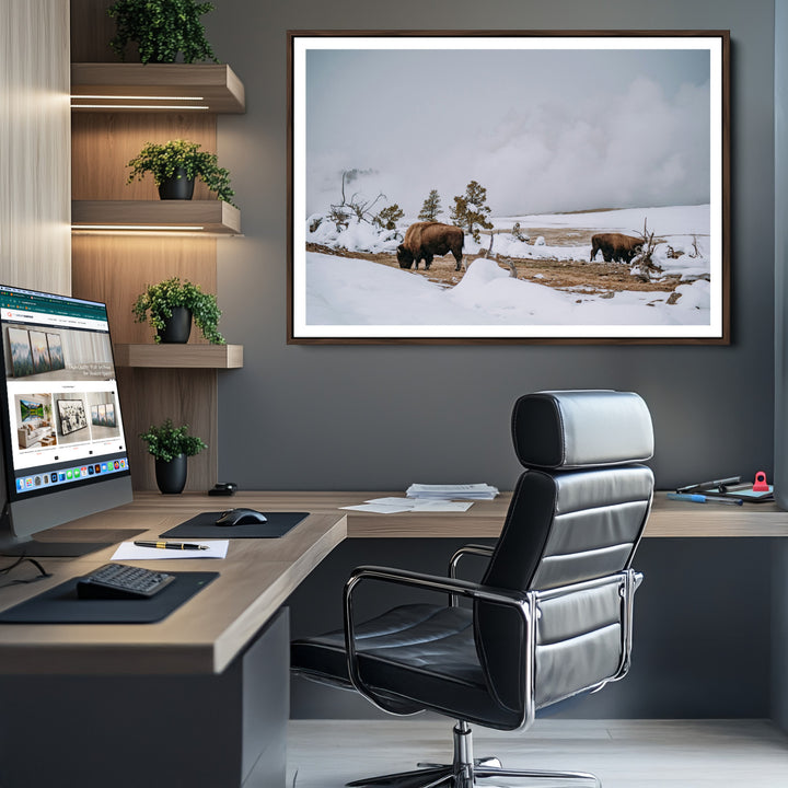 Bison Wildlife Wall Art Canvas Print, Framed Snowy Prairie Art Picture Print, Western Perfect Rustic Decor Artwork