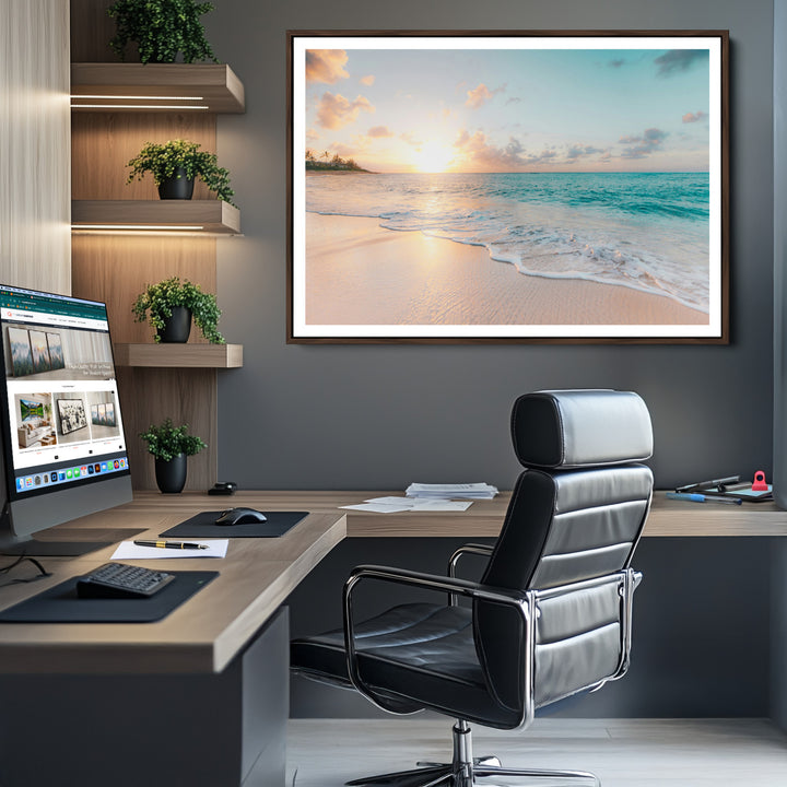 Beach Sunset Wall Art Canvas Print, Framed Ocean Waves Art Picture Print, Summer Escape Perfect Coastal Decor Artwork