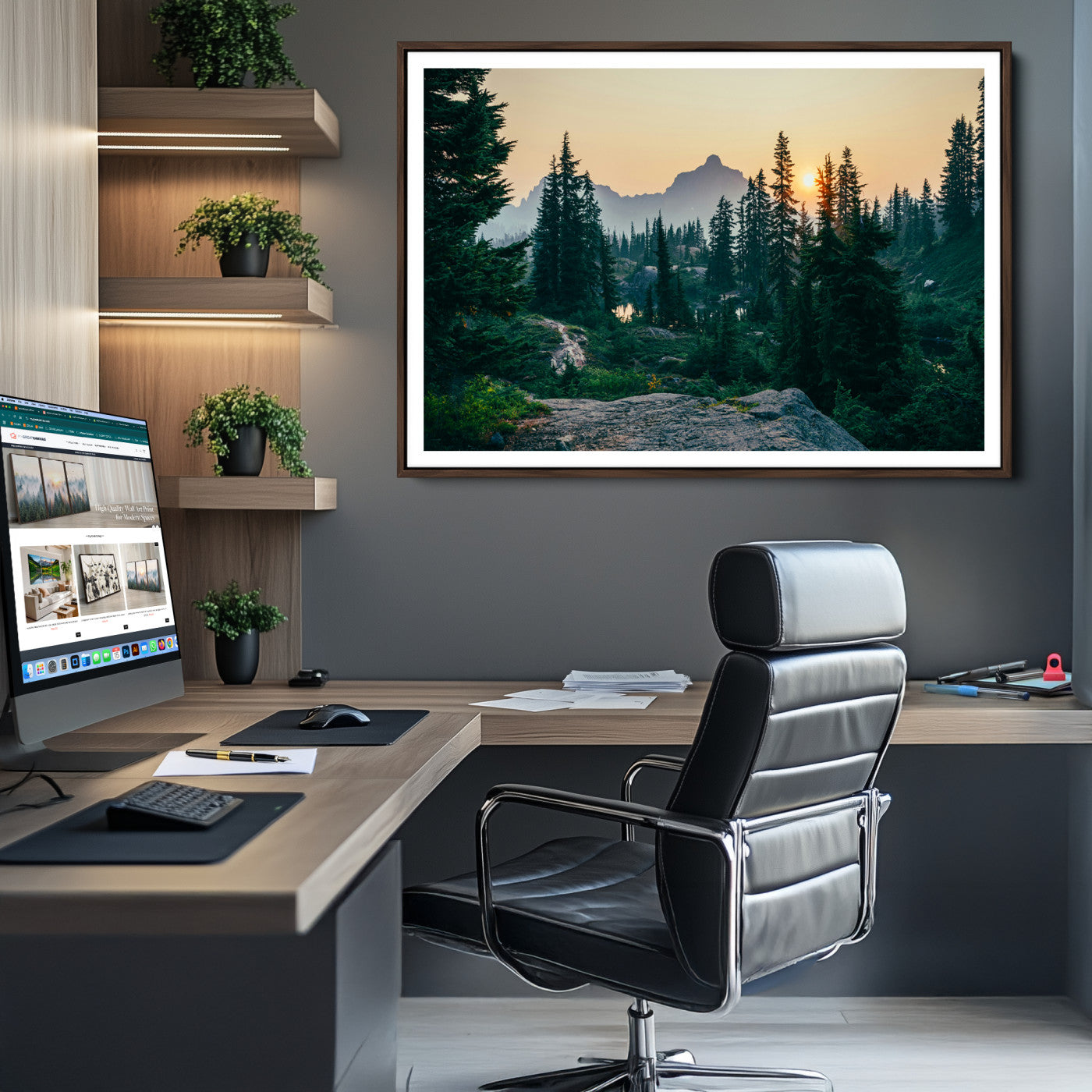 Mountain Wall Art Canvas Print, Framed Forest Serenity Art Picture Print, Mountain Perfect Rustic Decor Artwork