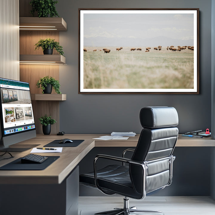 Bison Herd Wall Art Canvas Print, Framed Western Art Picture Print, Bison Perfect Ranch Decor Artwork