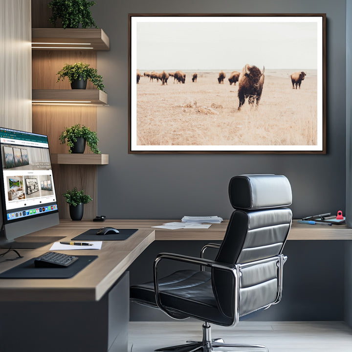 Bison Herd Wall Art Canvas Print, Framed Western Art Picture Print, Prairie Serenity Perfect Ranch Decor Artwork
