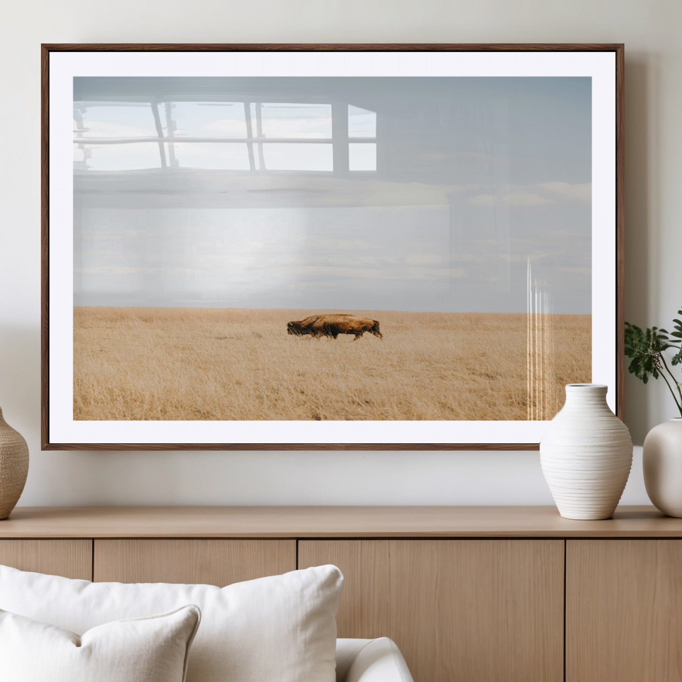 MGC-FP-36x24 - Minimalist Nature Wall Art Canvas Print, Framed Bison In Grassland Art Picture Print, Open Field Perfect Modern Ranch Decor Decor Artwork