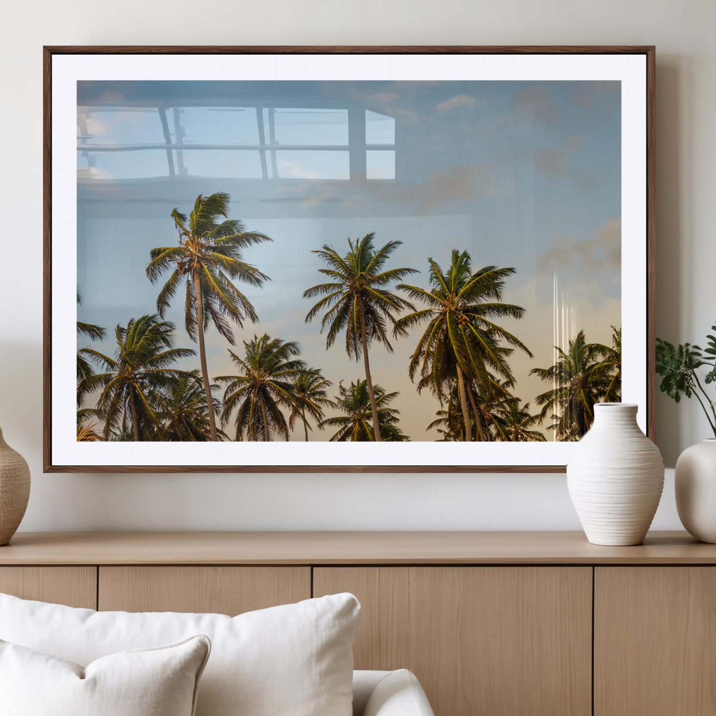 Tall palm trees swaying under a soft sunset sky, creating a tropical and relaxing atmosphere, perfect for coastal and beach-inspired wall art.