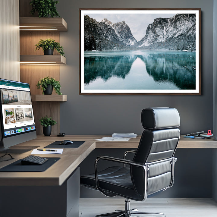 Mountain Lake Wall Art Canvas Print, Framed Winter Wonderland Art Picture Print, Snowy Peaks Perfect Modern Nature Decor Artwork