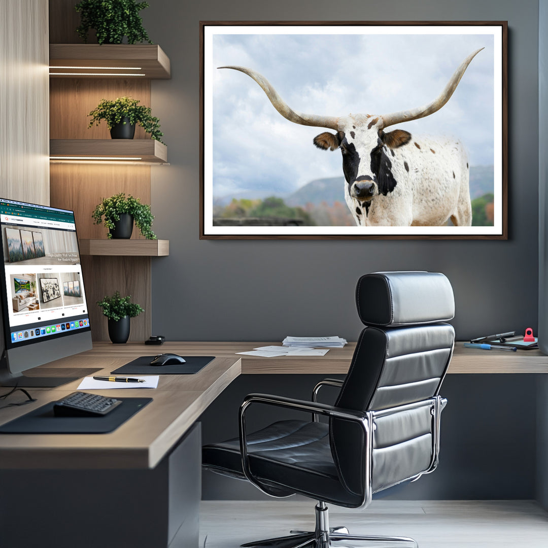 Texas Longhorn Wall Art Canvas Print, Framed Western Rustic Art Picture Print, Farmhouse Decor Perfect Farmhouse Decor Artwork